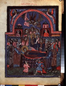 Jomfruens sovesal. (The Dormition of the Virgin). Belysning av mesteren av Codex Matenadaran (1200-tallet), miniatyr, akvarell på pergament av Armenian School