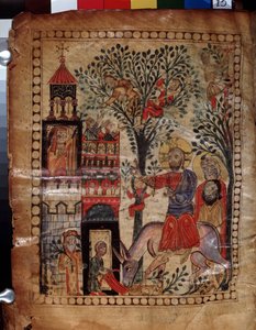 Kristi inntog i Jerusalem (Israel). Belysning av mesteren av Codex Matenadaran (1200-tallet), miniatyr, akvarell på pergament