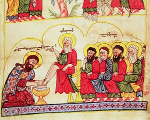 Ms 404 fol.7v Kristus vasker disiplenes føtter, 1100-1200-tallet