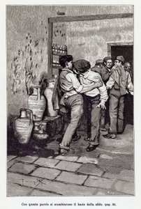 Invitasjon til den sicilianske duellen av det dødelige "kysset", faktisk et bitt i øret. Illustrasjon av Arnaldo Ferraguti for den nye "" Cavalleria Rusticana "" av Giovanni Verga. 1897