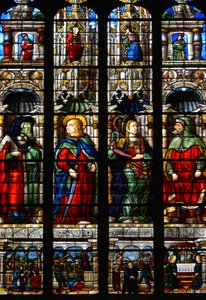 Den hellige Matthias (Mathias), Ezra (eller Ezra), profeten Habakkuk (eller Habakkuk) og Sibylle Tiburtine (eller Albunea av Tibur) - Glassmaleriet av pasjonskapellet til Arnaud de Moles (1470-1520) fullført i 1513 - St. Mary of Auch-katedralen (ger