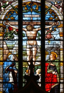 Korsfestelsen, med Jomfru Maria, Johannes og Maria Magdalena ved foten av korset - Glassmalerier i kapellet til Det hellige sakrament, av Arnaud de Moles (1470-1520) fullført i 1513 - Cathedrale Sainte Marie d
