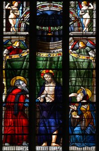 Den oppstandne Kristus tar hånden til den hellige Thomas for å få ham til å se sårene hans og berører med den andre hånden pannen til den hellige Maria Magdalena - Glassmaleriet fra kapellet Notre Dame d