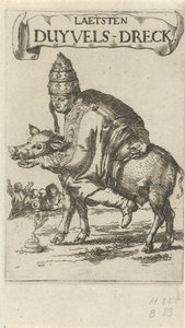 Pause på en gris Tittelblad for: J. Lydius, Laetsten duyvels-dreck, 1687 av Arnold Houbraken