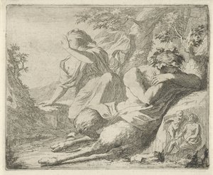 Satyr og kvinneskikkelse dekker øynene mot sollys Scene av sinnebeelden åpnet til tjeneste for malere skulptører etc. (serietittel) av Arnold Houbraken