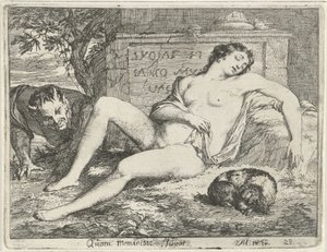 Sovende nymfe med en hund spionert av en satyr Quam meminisse Juvat (tittel på objekt) Scene med syndestatuer åpnet til tjeneste for malere, statueholdere osv. (serietittel)