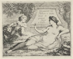 Venus spionert av en satyr Ordonnances des tableaux a mettre devant les Gemineés (tittel på objekt) Scene med syndestatuer åpnet til tjeneste for malere, statueholdere osv. (serietittel) av Arnold Houbraken