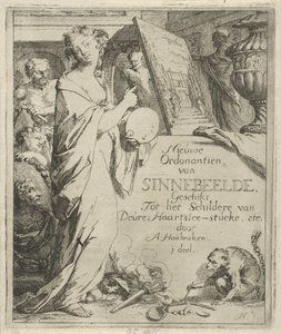 Kvinnefigur med palett som peker på et maleri Titteltrykk av: Toneel van Sinnebeelden, tredje del Ny Ordonantien van Sinnebeelde, Suitable For Painting av Deure Haartslee-stucke, etc. (tittel på objekt) Scene med syndebilder åpnet for å dø av Arnold Houbraken