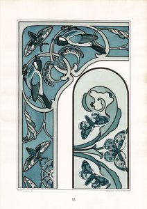 Rammeornament i jugendstil med fugler og møll (lito) av Arnold Lyongrün