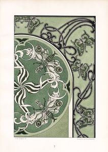 Insektmotiver i grønn ornamental komposisjon (lito) av Arnold Lyongrün