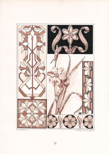 Narsissmotiver og geometriske ornamenter i rosenrøde toner (lito)