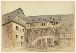 Tegning, gårdsplassen til et middelalderherregård, ca. 1889