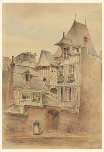 Tegning, gatescene med middelalderhus, ca. 1885