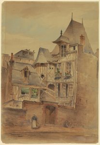 Tegning, gatescene med middelalderhus, ca. 1885