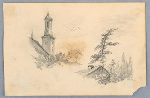 Skisse av kirketårn og tak av Arnold William Brunner