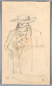 Skisse av mann i frakk og skjerf av Arnold William Brunner