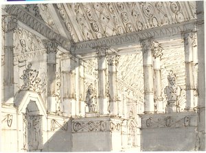 Interiør (fra tempel?) med søyler og statuer