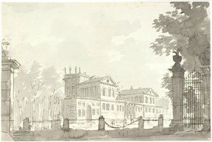 Slott i inngjerdet park, t.h. en gitterport