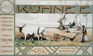 Annonse for gårdsmaskiner laget av E. Kuehne fra Budapest av Arpad Basch