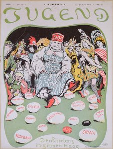 Egg Dance, tegneserie på den første fredskonferansen i Haag, fra det tyske magasinet Jugend, 29. juli 1899 av Arpad Schmidhammer