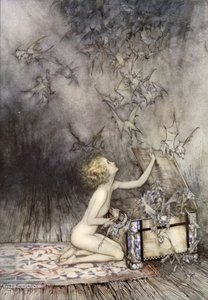 Åpning av Pandoras eske, scene fra A Wonder Book, av Nathaniel Hawthorne (farge litho)