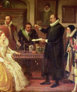 Dr William Gilbert 1544-1603 viser sitt eksperiment på elektrisitet til dronning Elizabeth I og hennes hoff, detalj av Gilberd, olje på lerret fra 1800-tallet av Arthur Ackland Hunt