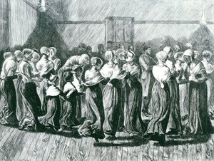 Shakers at a Meeting: the Religious Dance, illustrasjon fra The Graphic, publisert 14. mai 1870 av Arthur Boyd Houghton