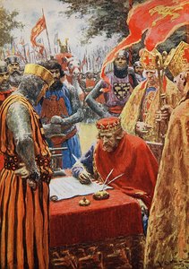 Kong John signerer Magna Carta motvillig (farge litho)