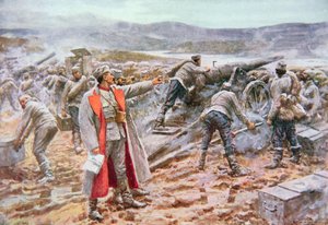 Serbisk artilleri i aksjon mot østerrikerne (farge litho) av Arthur C. (after) Michael