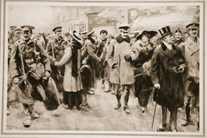 The Weekend away from the Front: Britiske offiserer og menn på kort permisjon fra skyttergravene som ankommer Victoria, fra 'The Illustrated War News' av Arthur C. (after) Michael