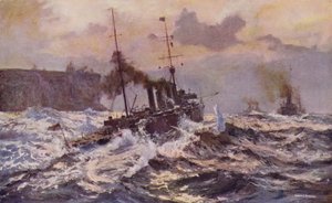 Krigsskip fra den australske marinen forlater Sydney havn (farge litho) av Arthur C. Burgess