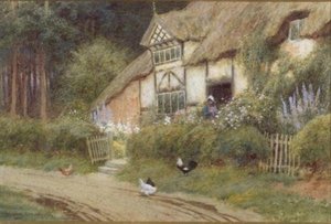 En ung jente og kyllinger ved en hytte (akvarell) (en av to) av Arthur Claude Strachan