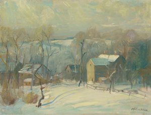 Village in Snow (olje på lerret)