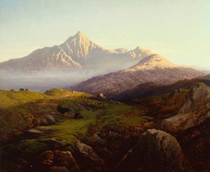 Highland Cattle in a Mountainous Landscape (olje på lerret)