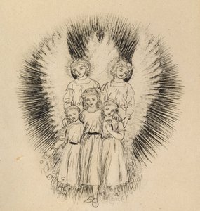 Tre små barn på den brede jorden (penn og svart blekk på off-white papir) av Arthur Hughes