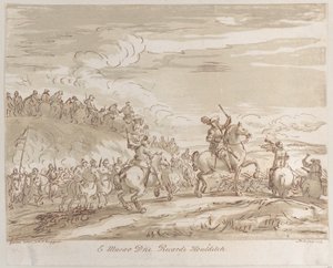 Kavaleriet rykker frem til angrepet, med en sentral skikkelse på hesteryggen som hever et sverd, 1735., 1735.