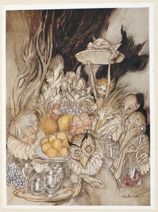 ACT III: Scene III, linje 19 Gå inn i flere merkelige former, bring inn en bankett ... invitere kongen osv. til å spise. av Arthur Rackham