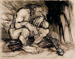 A Most Terrific Giant, illustrasjon fra English Fairy Tales, utgitt 1918 (penn og blekk og wc på papir) av Arthur Rackham