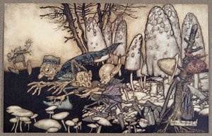 En gjeng arbeidere som var i ferd med å sage ned en paddehatte skyndte seg bort og la verktøyene sine bak seg, fra Peter Pan i Kensington Gardens av J M Barrie (1860 - 1937), pub. 1906 av Arthur Rackham