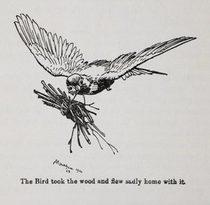 En fugl som bærer en bunt med kvister. av Arthur Rackham