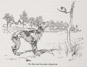 En hund og en spurv. av Arthur Rackham