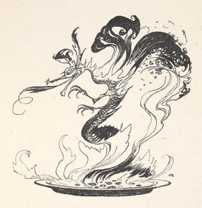 En drage som dukker opp fra en tallerken med brennende penger av Arthur Rackham