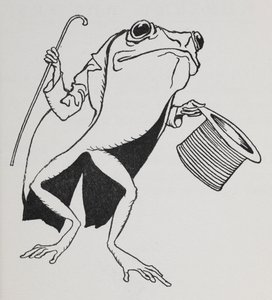 En frosk iført topplue og haler, bærende på en stokk. av Arthur Rackham