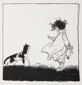 En jente med en dukke forteller katten sin. av Arthur Rackham