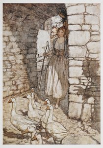 En jente med gjess. av Arthur Rackham