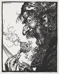 En stor mann som spiser en liten dame og huset hennes. av Arthur Rackham
