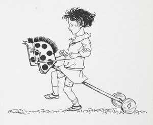 En liten jente på en lekehobbyhest. av Arthur Rackham