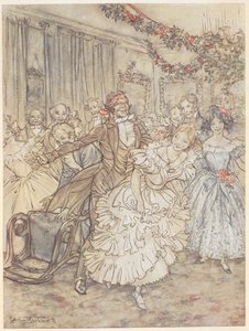 En fest som spiller blindmanns bløff. En mann med bind for øynene jager en kvinne i en rynket kjole av Arthur Rackham