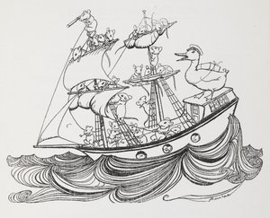 Et skip bemannet av mus og kaptein av en and. av Arthur Rackham