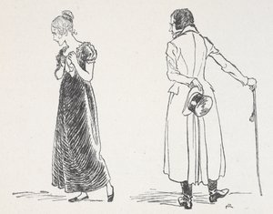 Et ungt par krangler, kvinnen hadde vendt seg bort og holdt et lommetørkle til brystet av Arthur Rackham